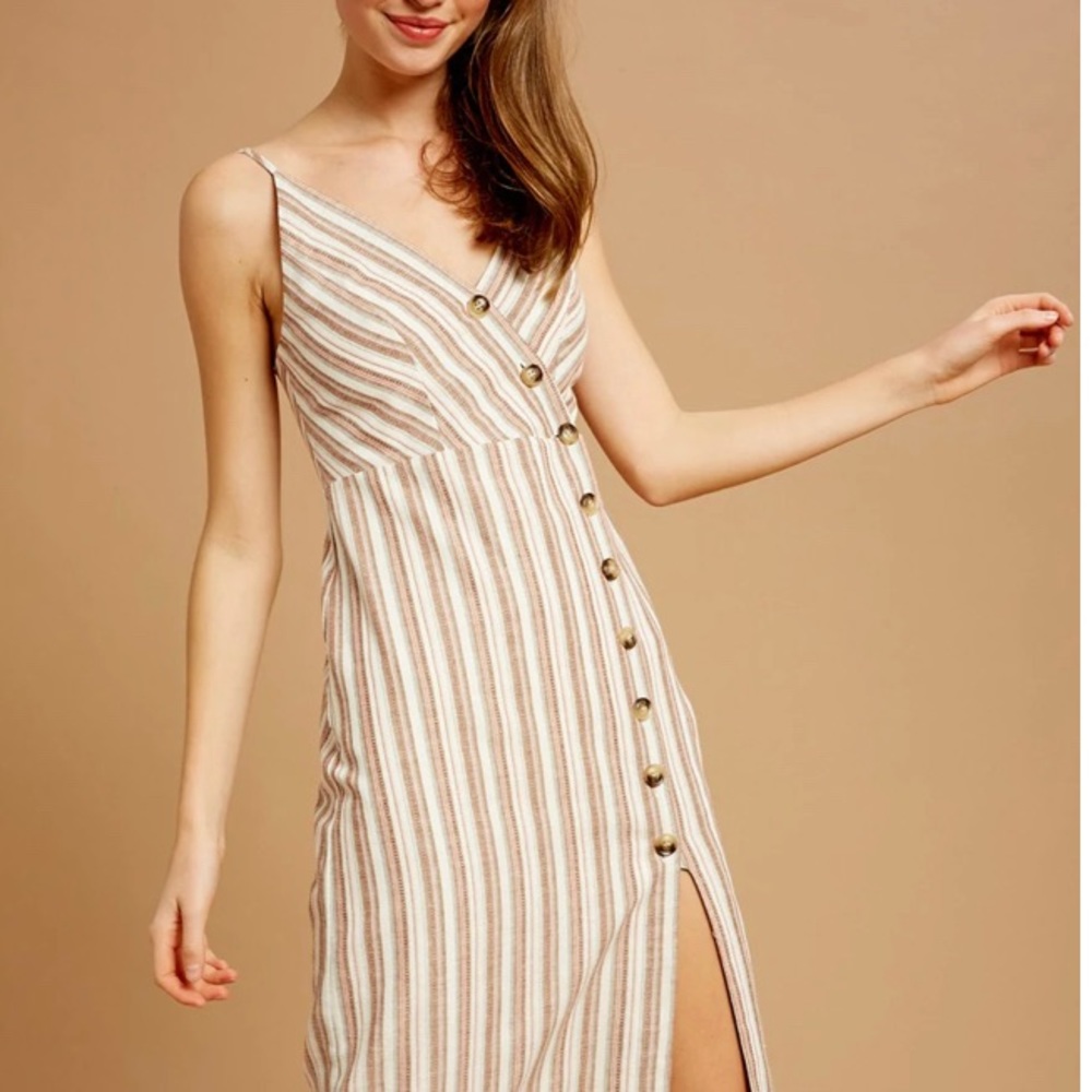Daisies Tan White Striped Button Down Dress Size S
